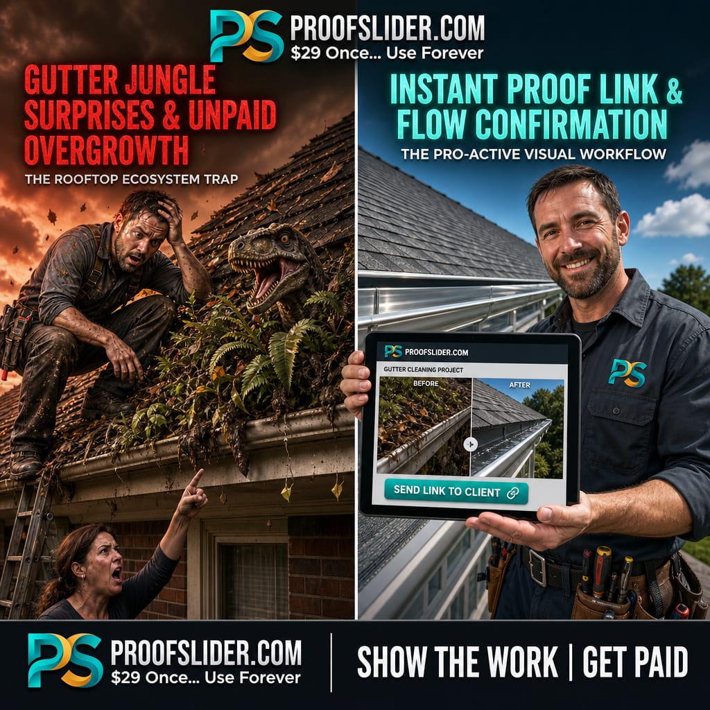ProofSlider split-screen: a frustrated contractor facing an overgrown gutter and an unhappy client, versus a smiling contractor sending an instant before-and-after proof link from a tablet. Show the work, get paid.